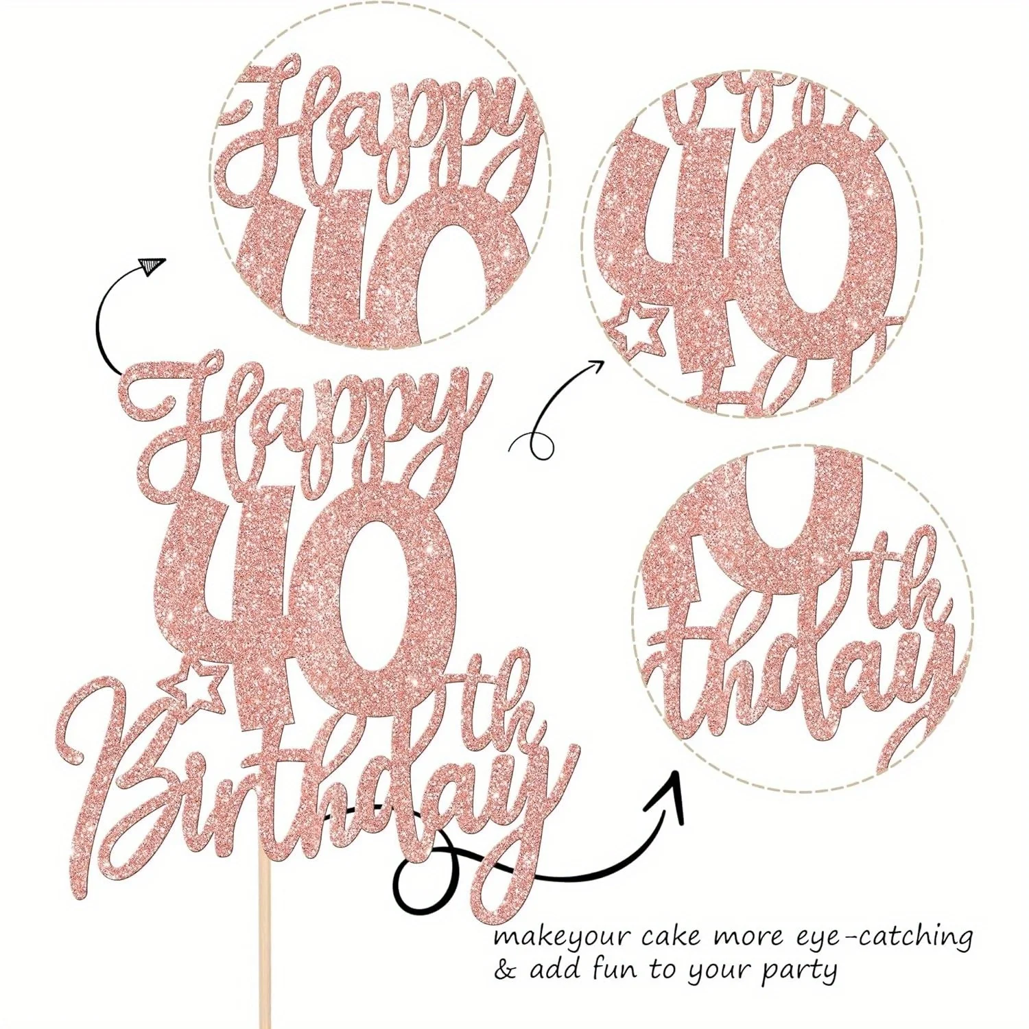 1 Stück Roségold-Kuchenaufsatz „Happy 40th Birthday“, „Cheers to 40 Years Hello“, Kuchendekoration für Jubiläumsfeierbedarf – Detail 5