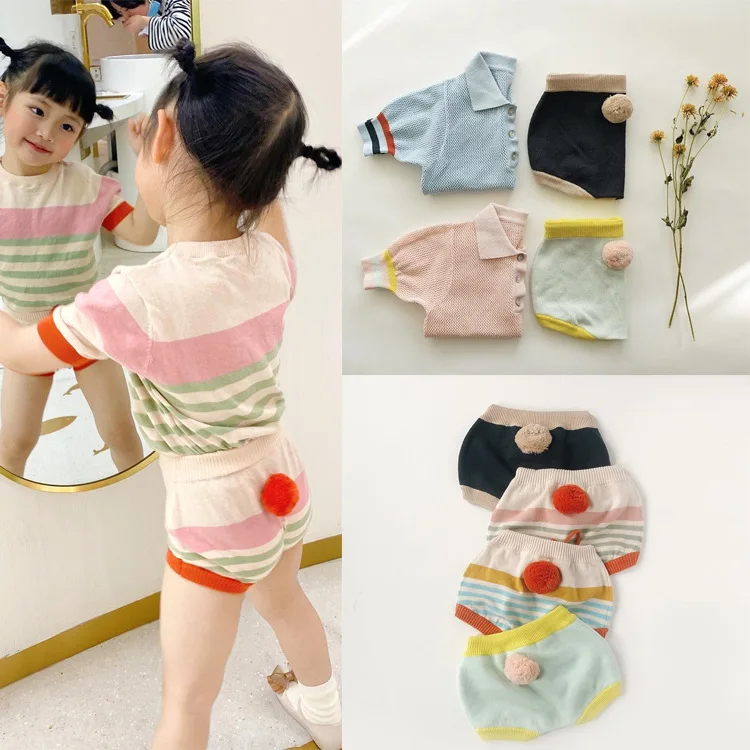 25 Girls' Jacquard Summer Spring Children's Rainbow Long Sleeve Bubble Sleeve Plush Shorts Rabbit Tail Shorts