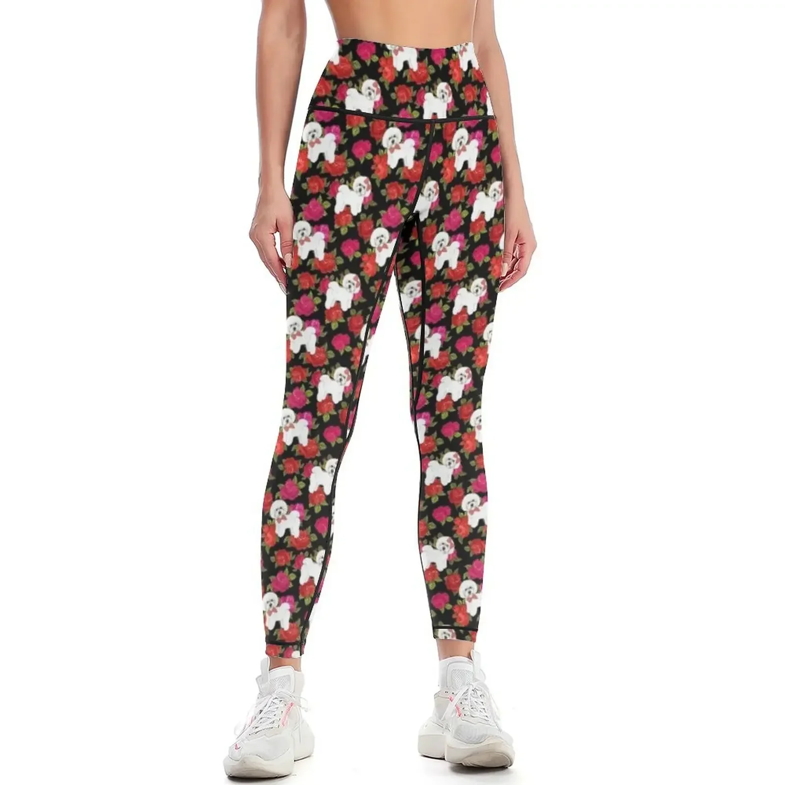 

Bichon Frise Red rose, Pink rose Floral Leggings for physical workout shorts Pants sport Women's sports pants Womens Leggings