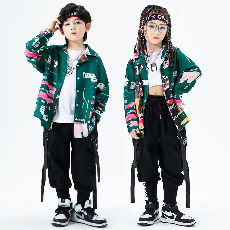 Kid Kpop Hip Hop Clothing Print Shirt Casual Streetwear Cargo Jogger Sweat Harem Pants for Girl Boy Jazz Dance Costume Clothes