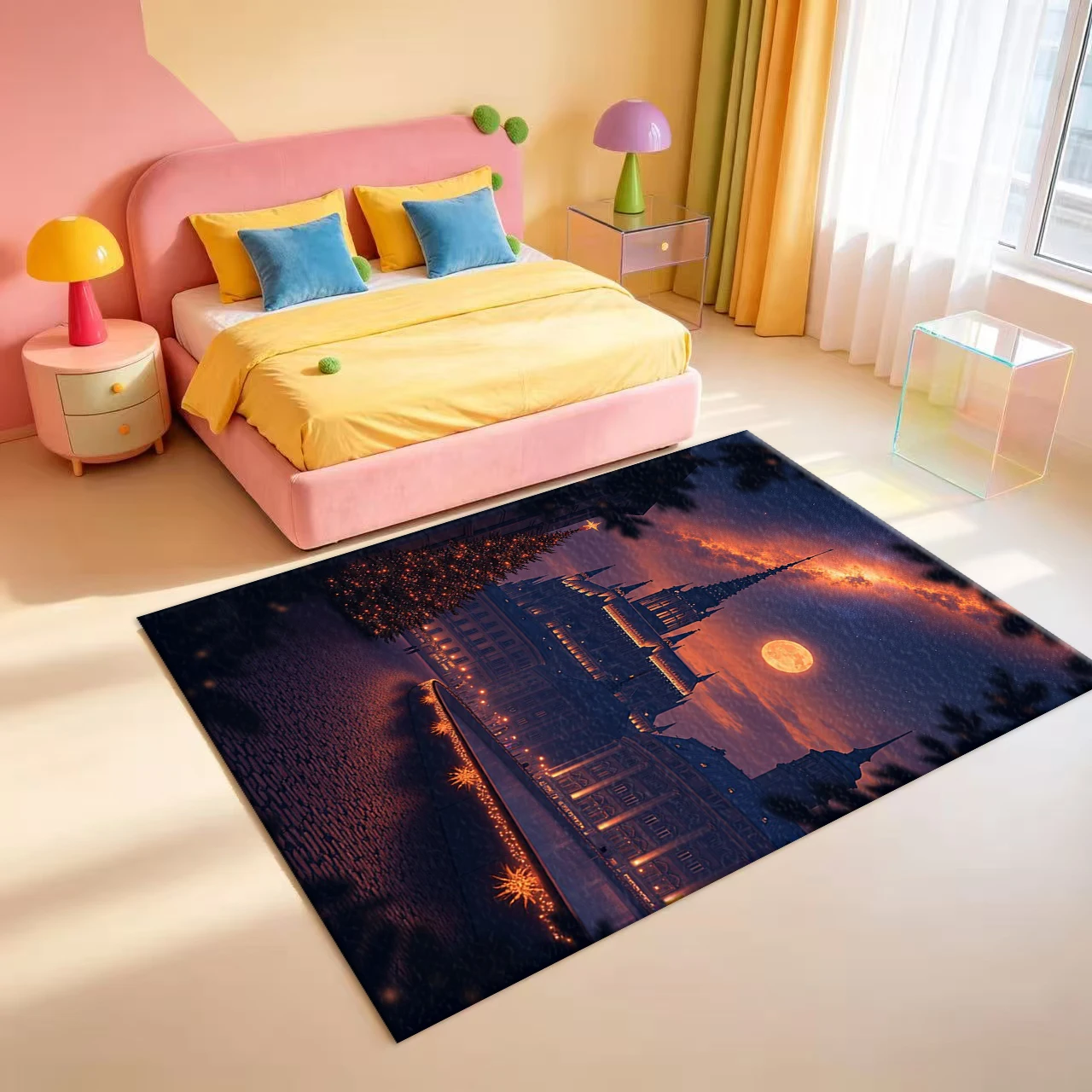 Magical Night European Castle Full Moon Milky Way Scenery Carpet Flooring Vintage Fantasy Cityscape Area Rug For Indoor Home Floor Ornament