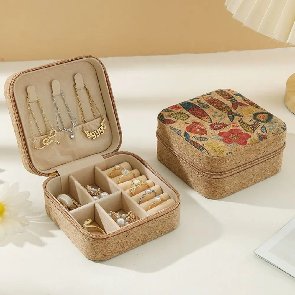 Unisex Vintage Cork Jewelry Box Portable Flowers Earrings Storage Box Retro Durable Necklace Storage Case Ring