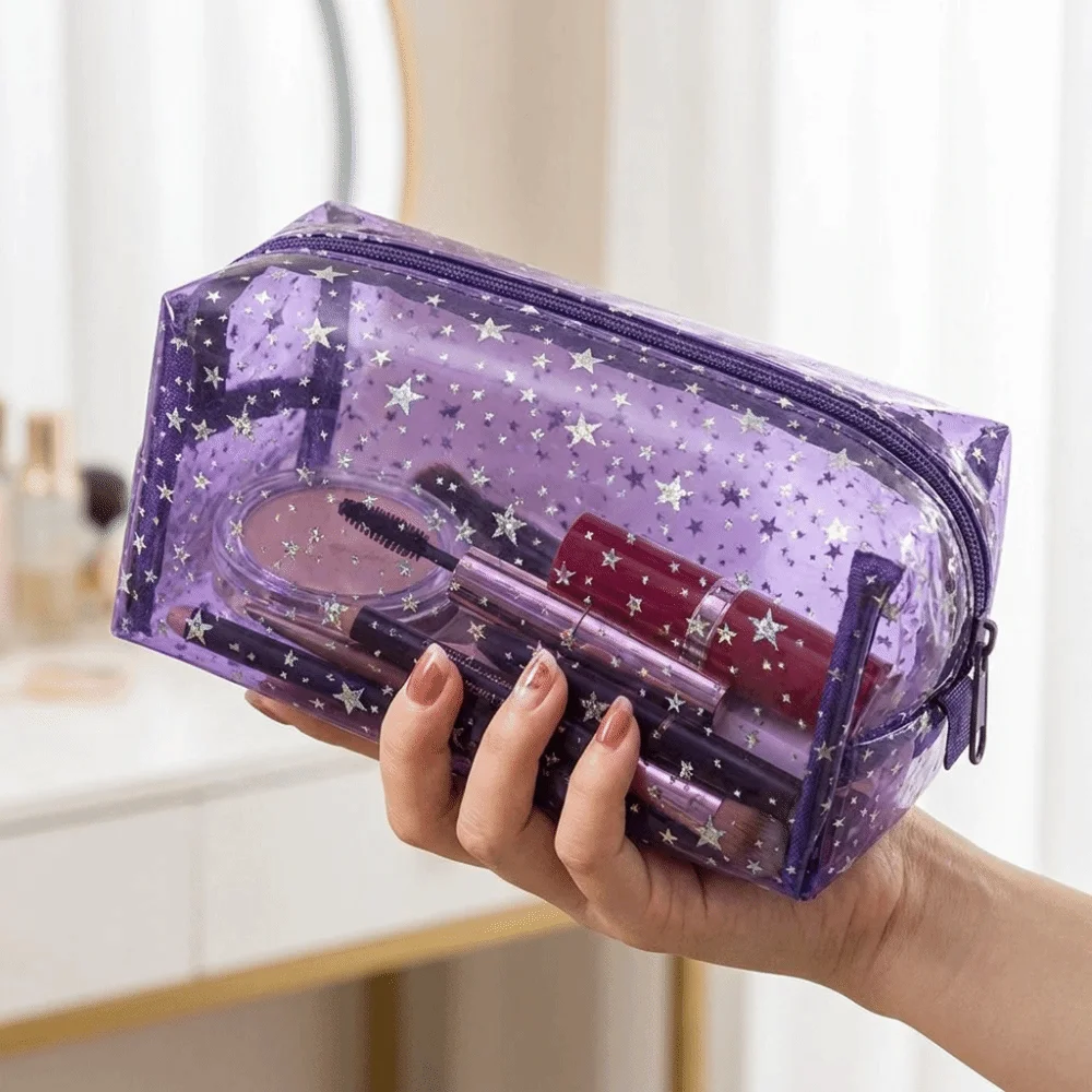 PVC Waterproof Transparent Makeup Bag Stars pattern with Handle Women's Washbag Large capacity Smooth zipper