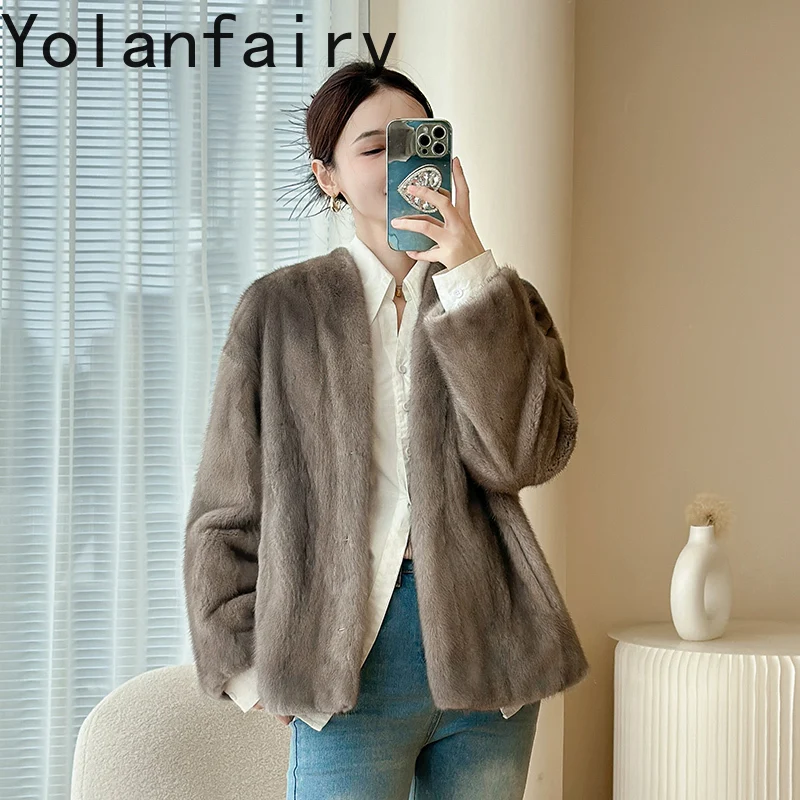 YOLANFAIRY Naturalny Płaszcz z Futra Damski Luksusowy 2025 Zimowy Prawdziwy Futro z Norek Całe Kobiety Odzież Modna Krótka Kurtka z Futra Odzież Wierzchnia
