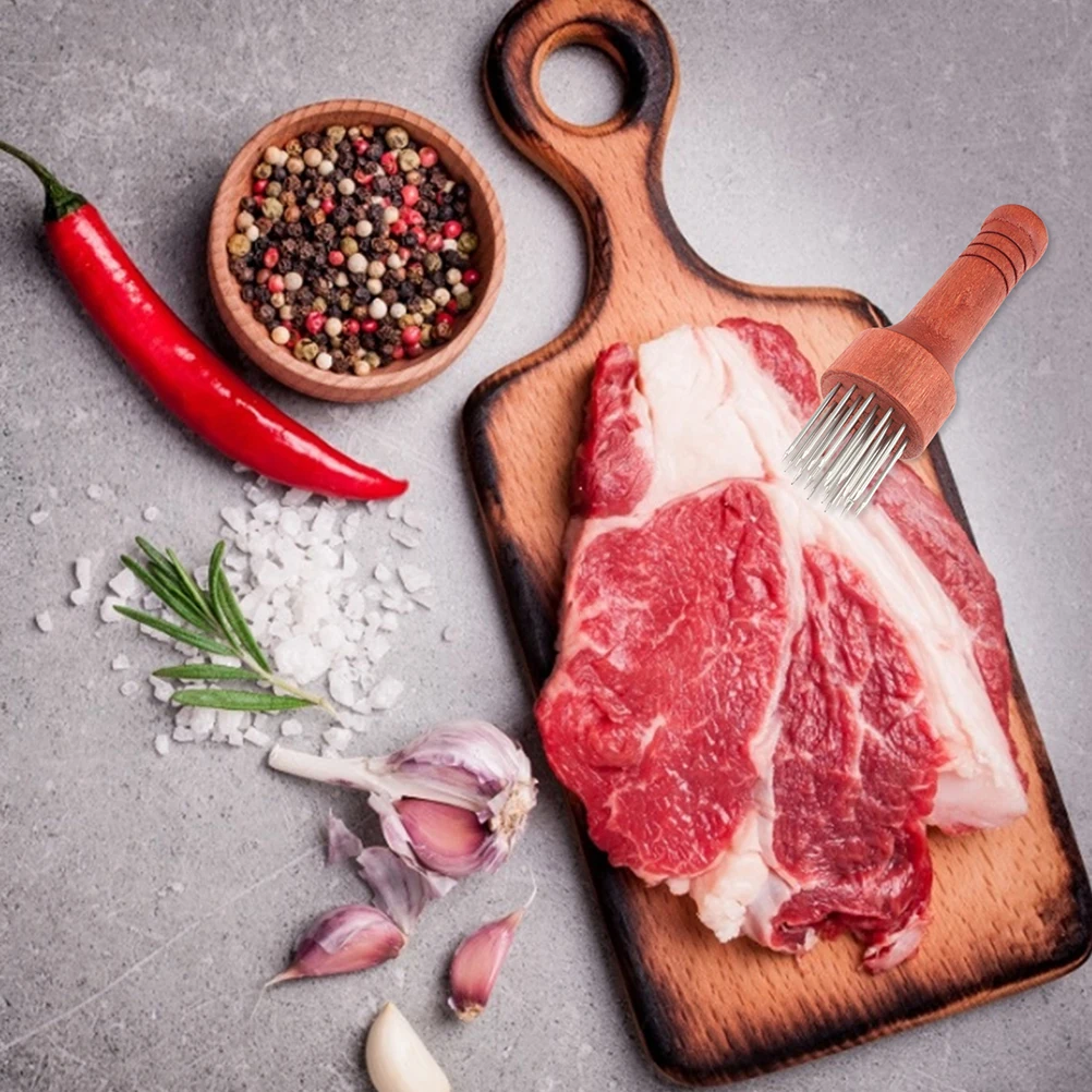 

2 Pcs 430 Stainless Steel Needle Meat Tenderizer Red Wood Handle Tool Piercing Steak Softener Pork Tenderizing Kitchen Bar