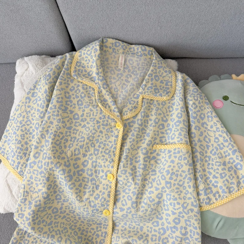 Spring Autumn Leopard-Print Women's Pajamas Set Korean Fashion Cute Casual Homewear Collared Short-Sleeved 3 Piece Pajamas Set