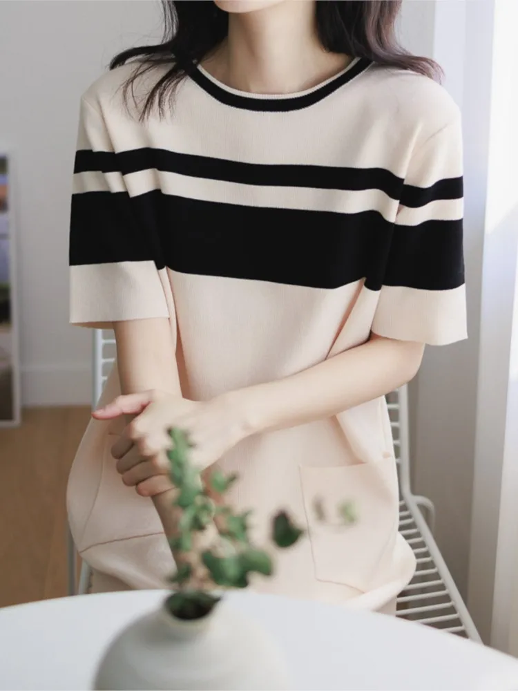 فستان نسائي صيفي مخطط بتصميم كلاسيكي جديد أنيق على الطراز الكوري مستقيم للشاطئ فضفاض متوسط الطول فساتين للسيدات غير رسمية #2