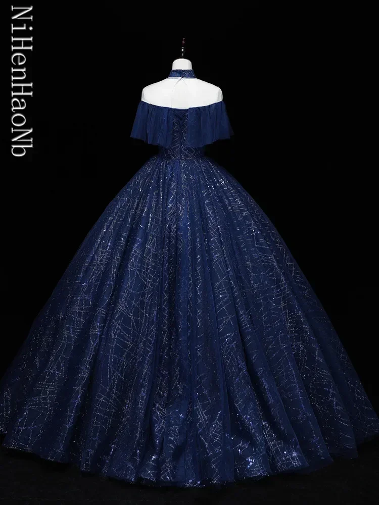 Luxury Dark Blue Quinceanera Dresses Classic Ball Gown Off The Shoulder Robes De Soirée Customize