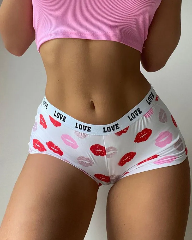 

Women Shorts White Lip Print Ribbon Sexy Casual Letter Printing Home Temperament Fashion Spring And Summer Slim