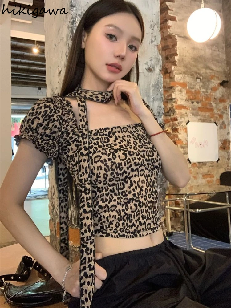 Sexy Leopard Crop Tops Blouses for Women Square Collar Puff Sleeve Tunic Shirts Fashion Summer Blouse 2024 Blusas Mujer De Moda