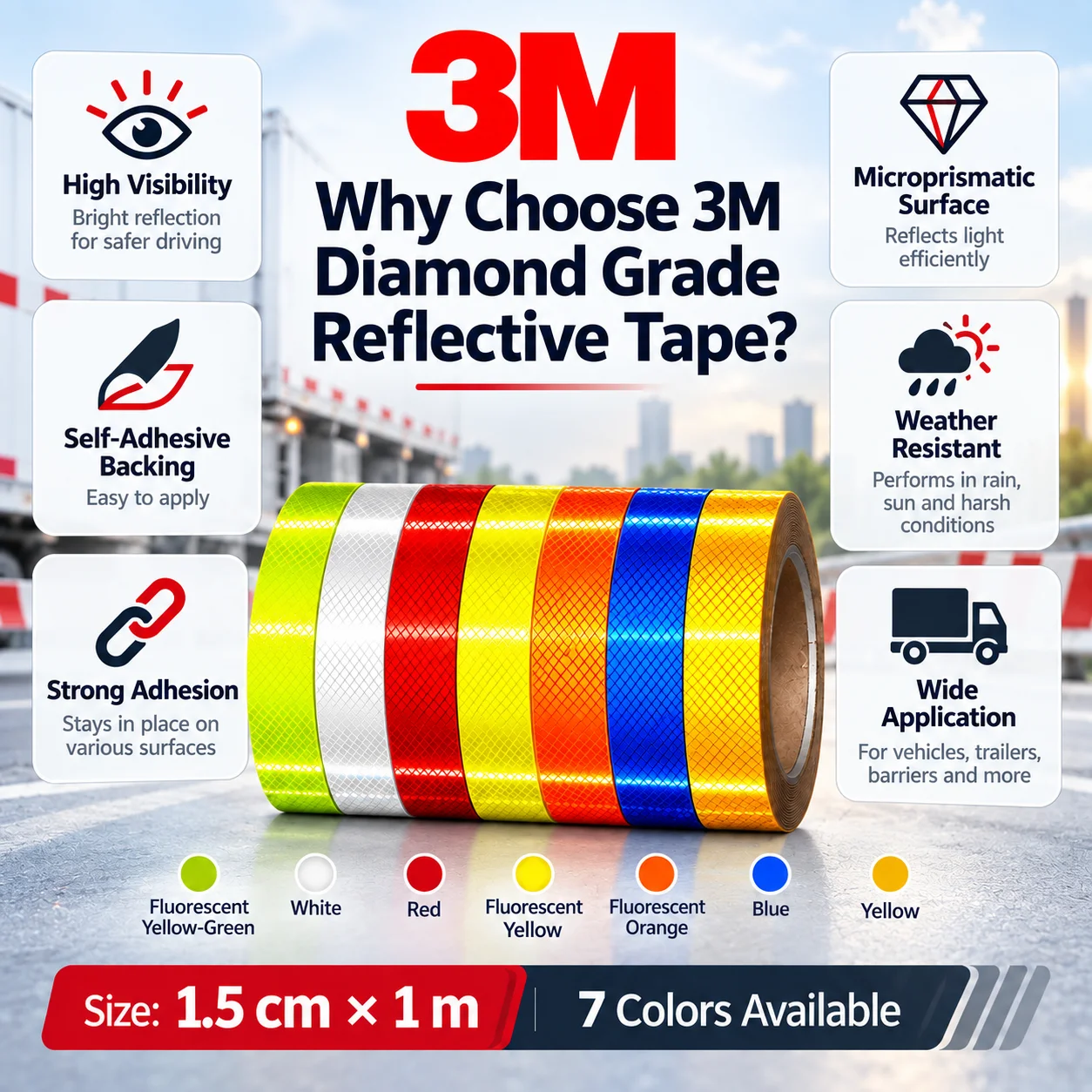 3M Diamond Grade Reflective Tape High Visibility Self Adhesive Weather Resistant For Cars Trucks Motorcycles 1.5cm x 1m