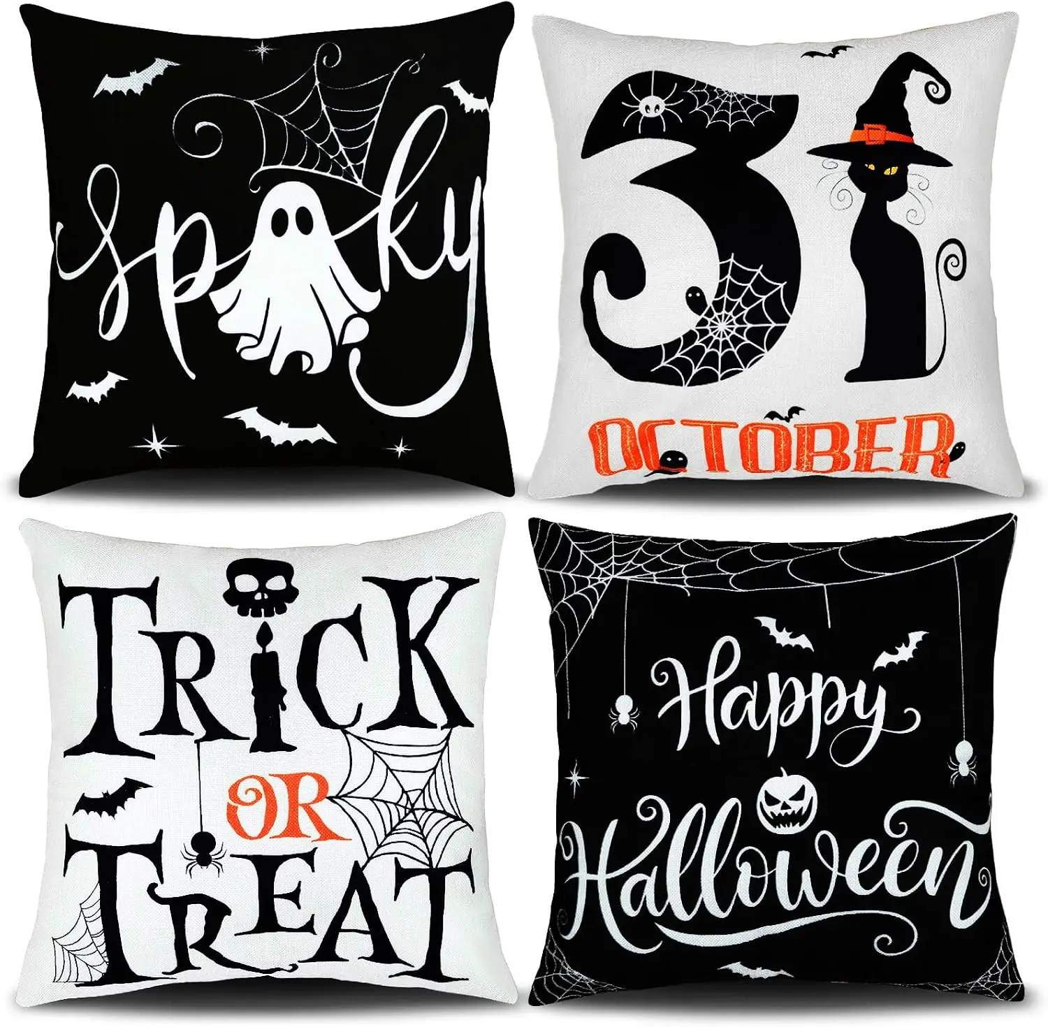 4PCS Halloween Pillow Covers Set Spooky Decoration Cushions Trick or Treat Haunted Home Decor October Fall Party Accent