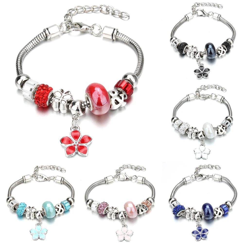 Модный браслет с подвесками в виде бабочки и цветка, регулируемый браслет 6 цветов с пряжкой-лобстером, змея, цепочка, браслеты, браслет с бусинами для женщин, ювелирные изделия