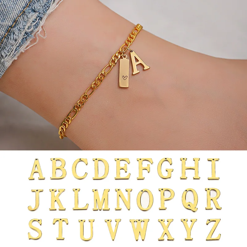 Edelstahl vergoldet Anfangsbuchstaben Knöchel Armband für Frauen Figaro Kette Fußkettchen Sommerschmuck