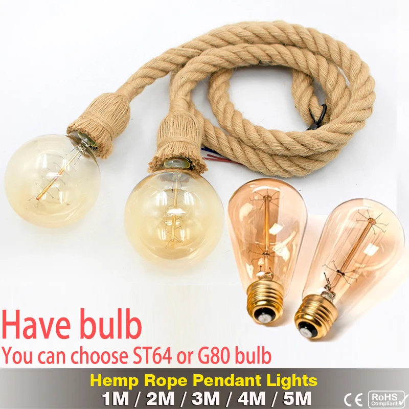 Retro Hemp Rope Pendant Light AC90-260V Vintage E27 LED Light Bulb Pendant Lamp Industrial Lamp Loft Home For Decor HangLamp