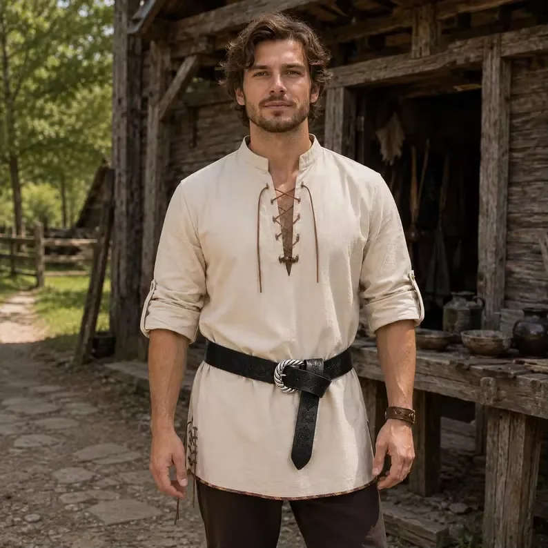 Men Medieval Lace‑Up Tunic Shirt Viking Pirate Costume Stand Collar Roll‑Up Sleeve Cotton Shirts For Halloween Cosplay Party Top