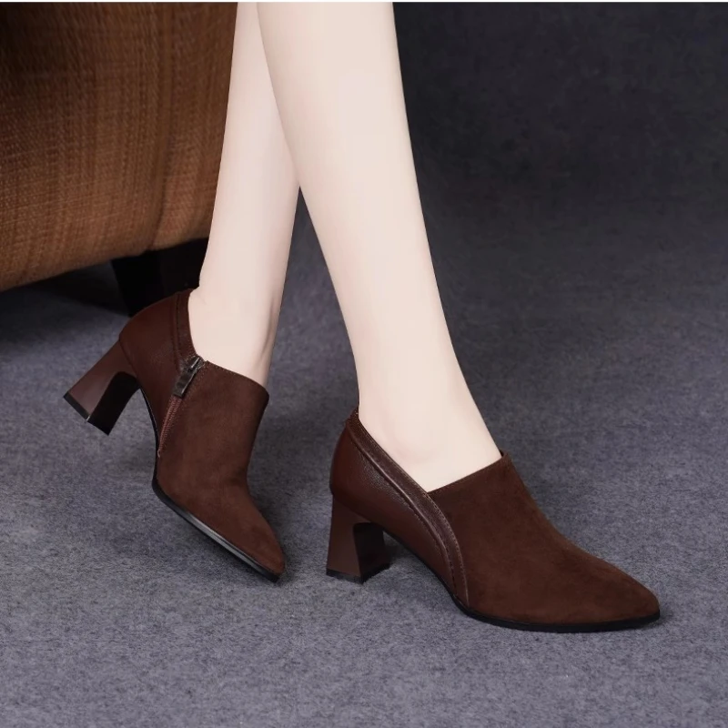 Thick Heel Hollow Side Pull Pointed Waterproof Table Fashion All-match Comfortable Non-slip Breathable Women's Shoes with Heels