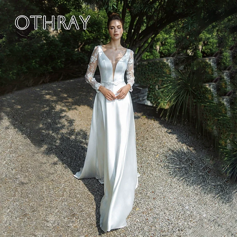 V-neck Long Sleeves A-line Bridal Wedding Gowns Backless Sash Satin Floor Length Customized свадебное платье