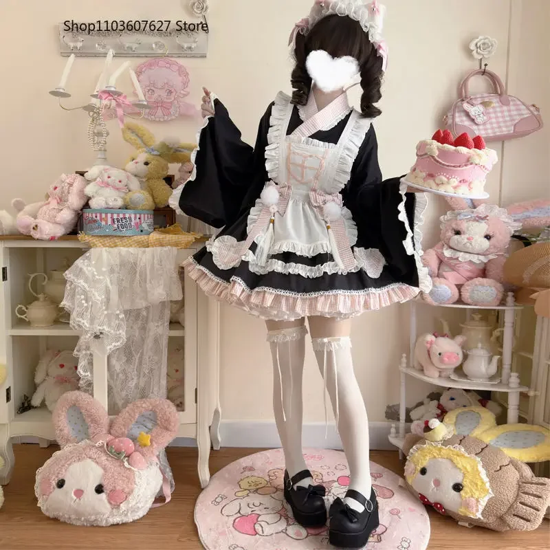 Anime Lolita maid dress set women sweet Japanese kimono Halloween cat cosplay costume party dresses Gothic Y2K Girls cute dress