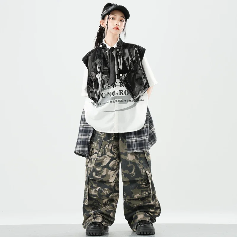 Ragazzi K-pop Street Dance Polo Tshirt Pu Vest Pantaloni cargo Ragazze Hip Hop Camo Jogging Set di vestiti per bambini Bambini Jazz Streetwear