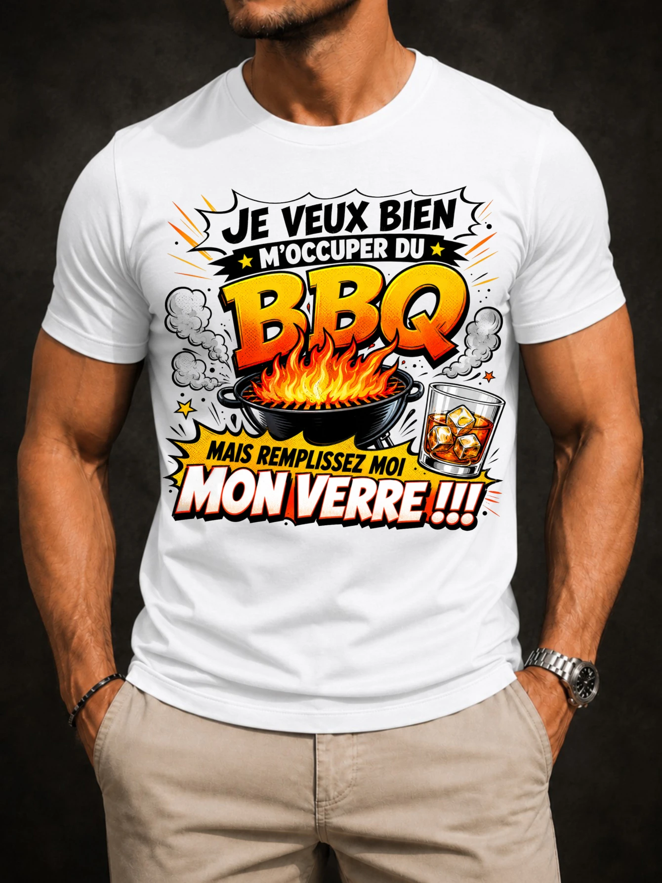 Je Veux bien profiter du barbecue, mais remplissez mon verre – T-shirt unisexe au style graphique décontracté et smoky grill