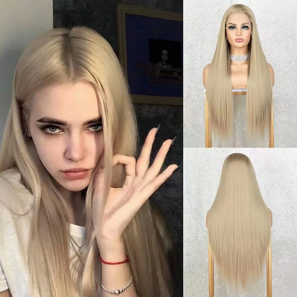 WeirdGoth Half Hand Tied 13*4 Lace Front Gold Long Straight Wig for Women, Heat Resistant Synthetic Free Part Full Head Hair Wig