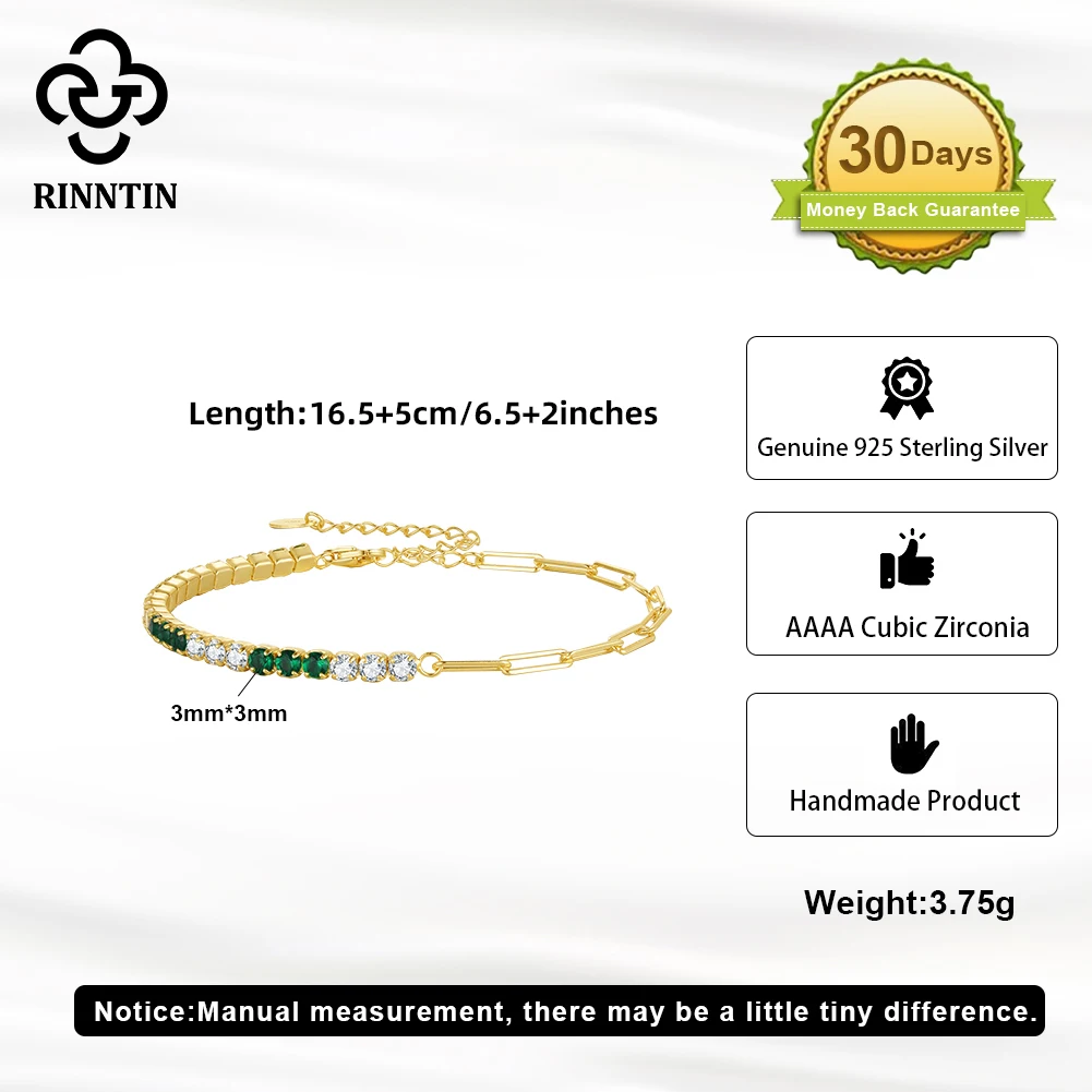 Rinntin 925 Sterling Silver 3mm Round White&Green CZ Tennis Chain with PaperClip Chain for Women Bracelets Jewelry SB177