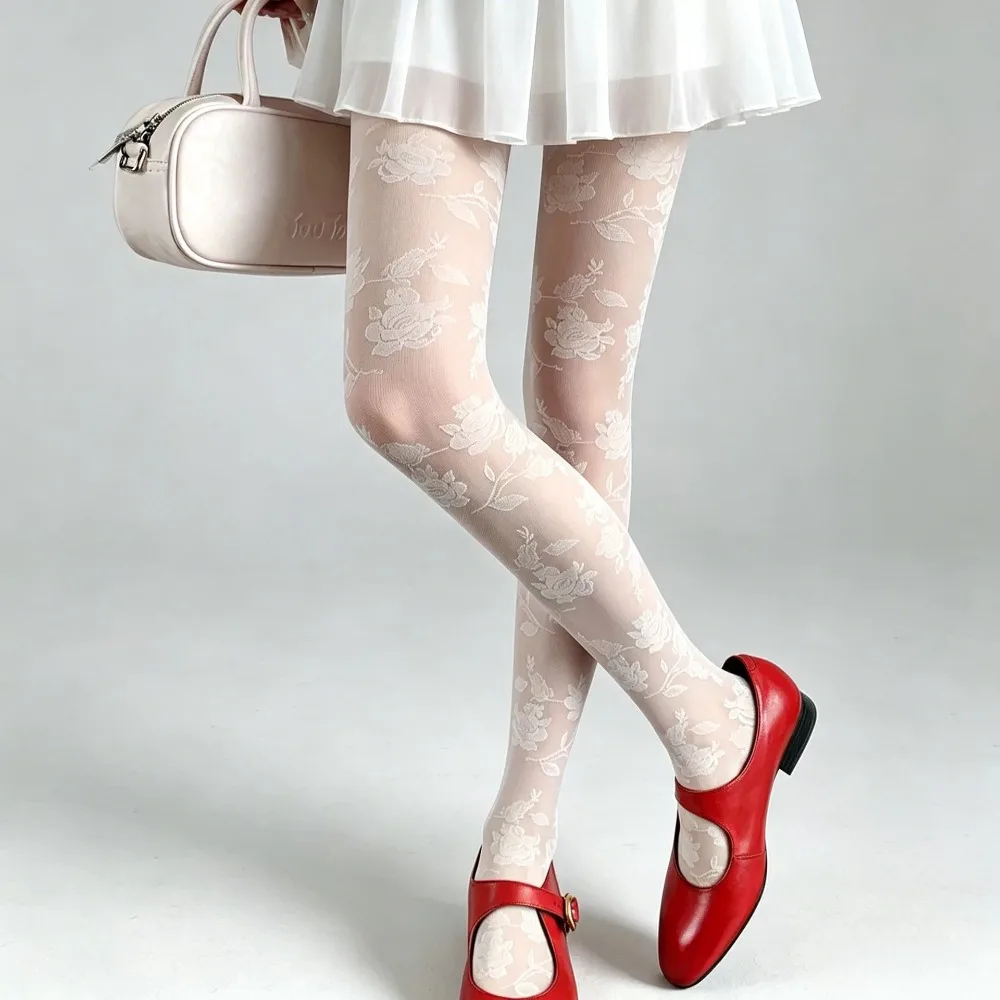 Spring Summer INS Retro Cream Pantyhose for Girl White Black Rose Jacquard Lace Sheer Anti Run Tights Pantyhose for Women