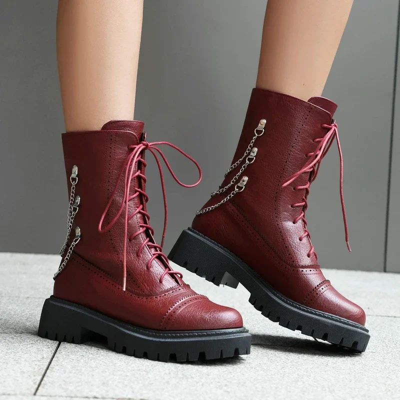 Blue Wine Red Color Brogue Designer Luxury Goth Women Shoes Lace-up Casual Ladies Ankle Boots Motorcycle Botas with Metal Chain image 4