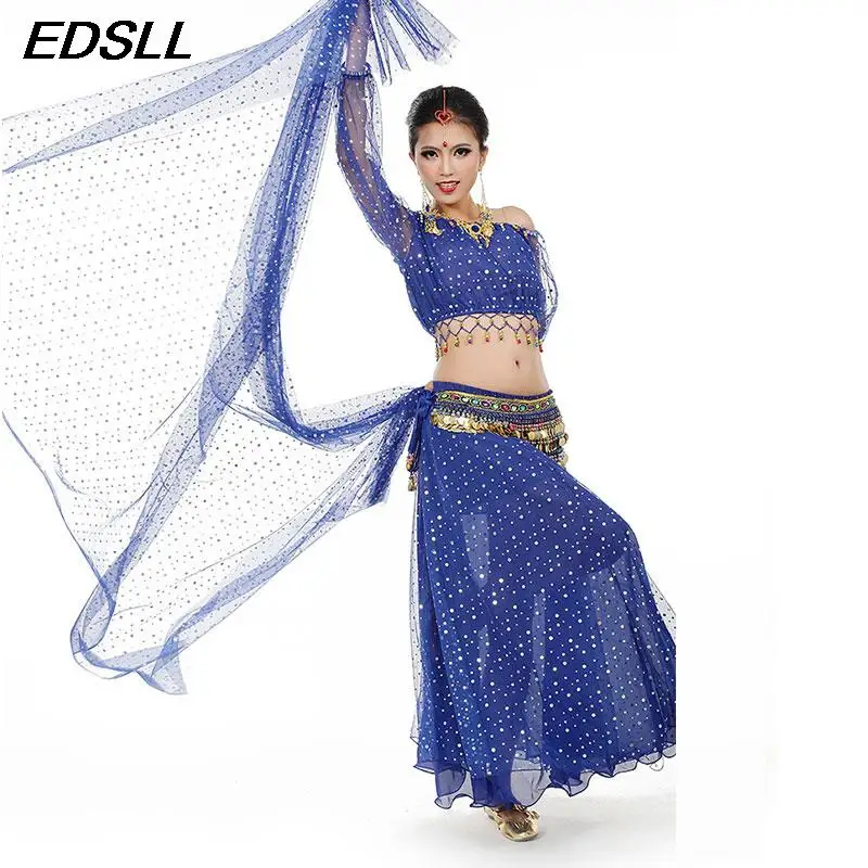 Belly Dance Outfit Set Sexy Top Coins Waist Chain Sequins Long Dress Belly Dance Silk Scarf Large Throwing Yarn Headdress