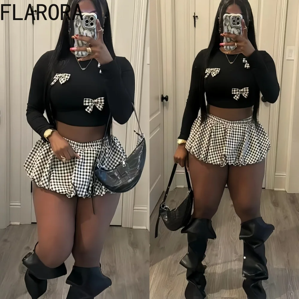 

FLARORA Sweet Bows Patchwork 2 Pcs Sets Woman Long Sleeve Round Neck Crop Tops and Mini Plaid Skirts Outfits Y2k Cute Streetwear