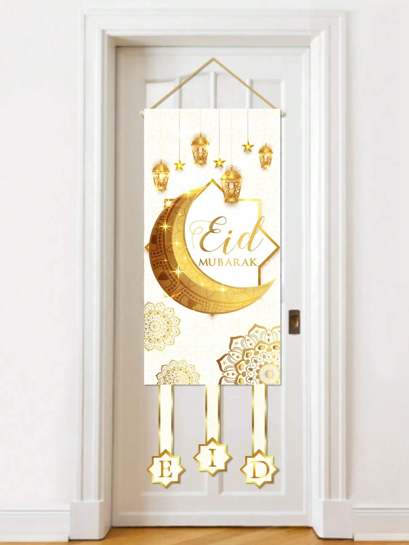 1Pc Eid Mubarak Decoration Door Hanging Golden Star and Moon Lantern Flag Muslim Festival Party Decoration Door Curtain Home Doorway Decoration Hanging Cloth