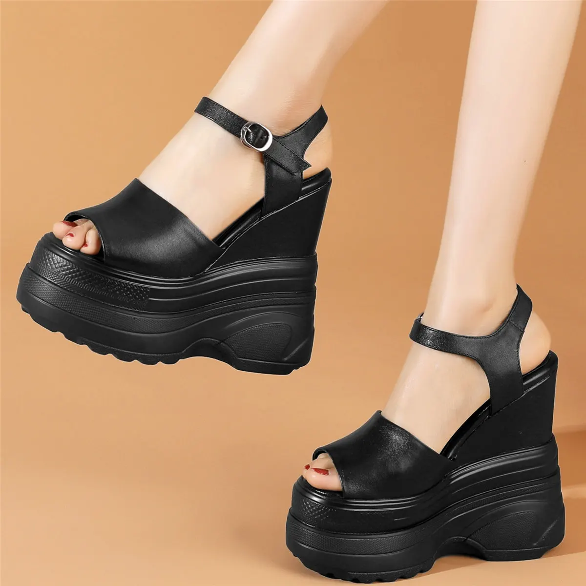 16cm High Heel Pumps Plus Size Shoes Women Genuine Leather Wedges Platform Sandals Female Open Toe Punk Sneakers Big Size Shoes