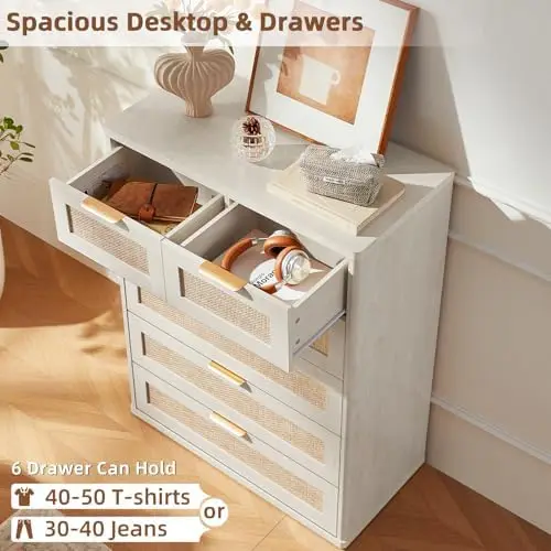 White Dresser for Bedroom, 41" Tall Chest of Drawers, Modern 6 Drawers Boho Rattan Dressers with Storage, Dresser - view 5