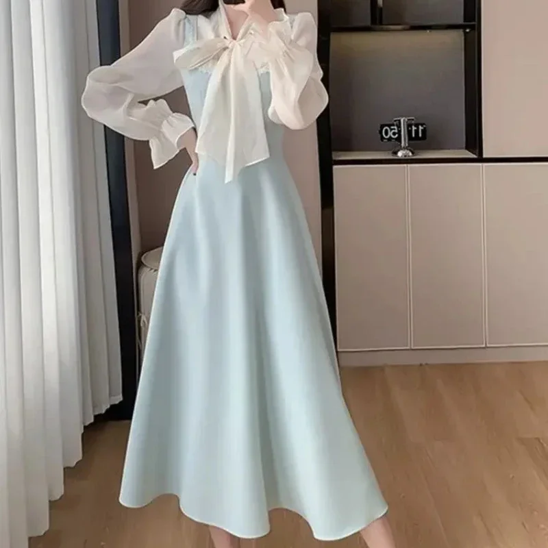 Dresses for Women Silk Bow New In Spring Autumn Woman Long Sleeve Dress Features Elegant Party Casual Youth One-piece Aesthetic