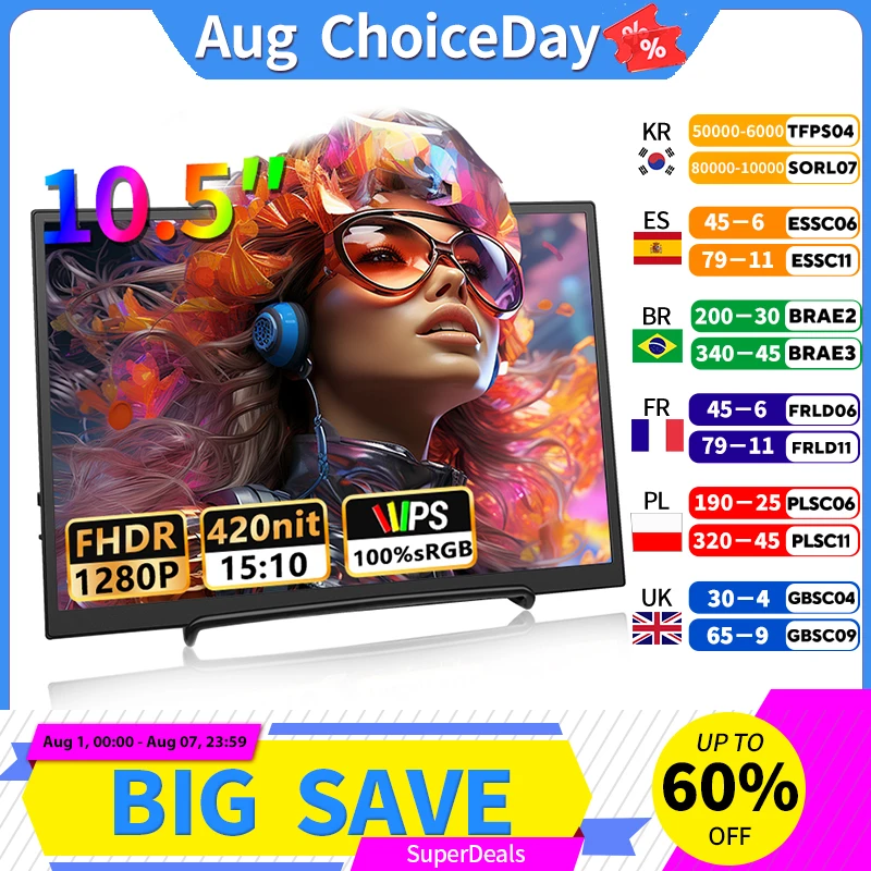 Monitor portátil de 10,5 pulgadas, 1280P, 100% SRGB, 420cd/m2, con altavoces duales, interfaz Mini HDMI para ordenador portátil, consola de juegos PS4