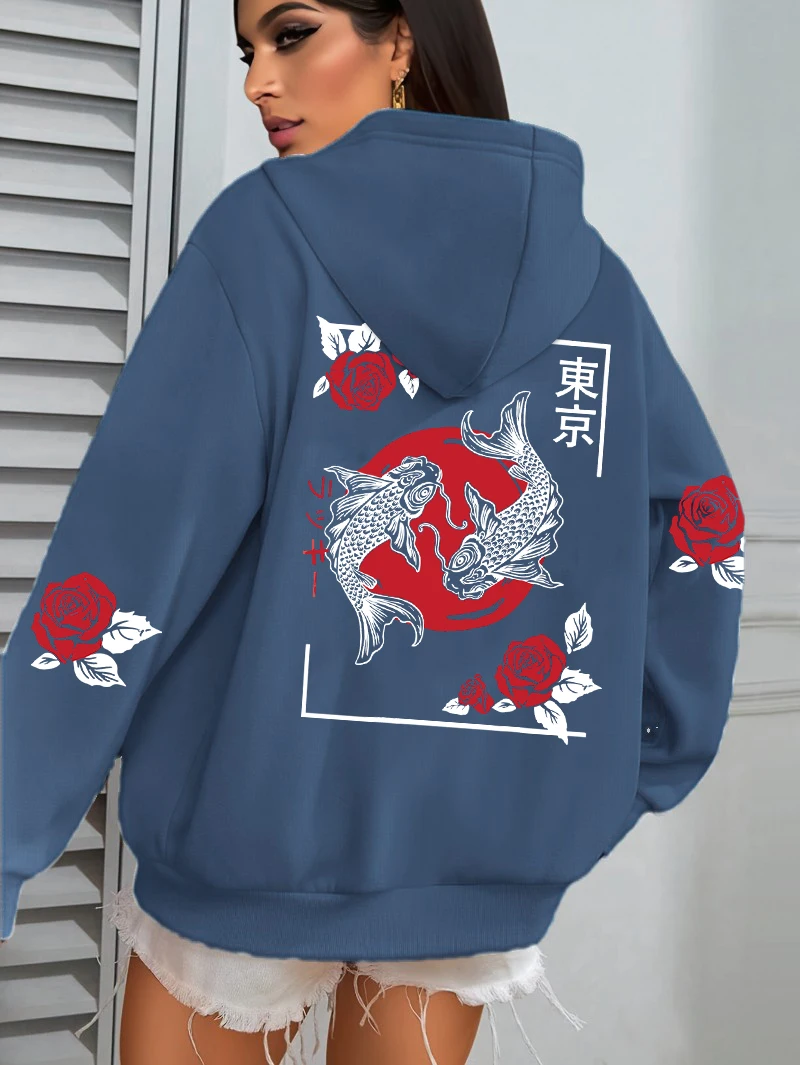 

Уличная одежда с принтом Tokyo Koi и цветов, женская флисовая толстовка в стиле хип-хоп, универсальные спортивные пуловеры, разноцветная одежда унисекс