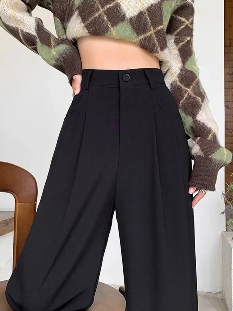 Women Fashion Suit Pants Lady Breathable Baggy High Waist Wide Leg Trousers Lady Straight Leg Gray Classic Office Long Pants