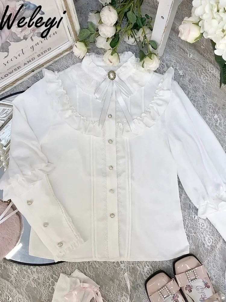 Lolita Jirai Kei Inner Lace Ruffle Edge Shirts Lolita Sweet  Stand Collar Strap Tops Spring Long Sleeve Blouse Blusas Femininas