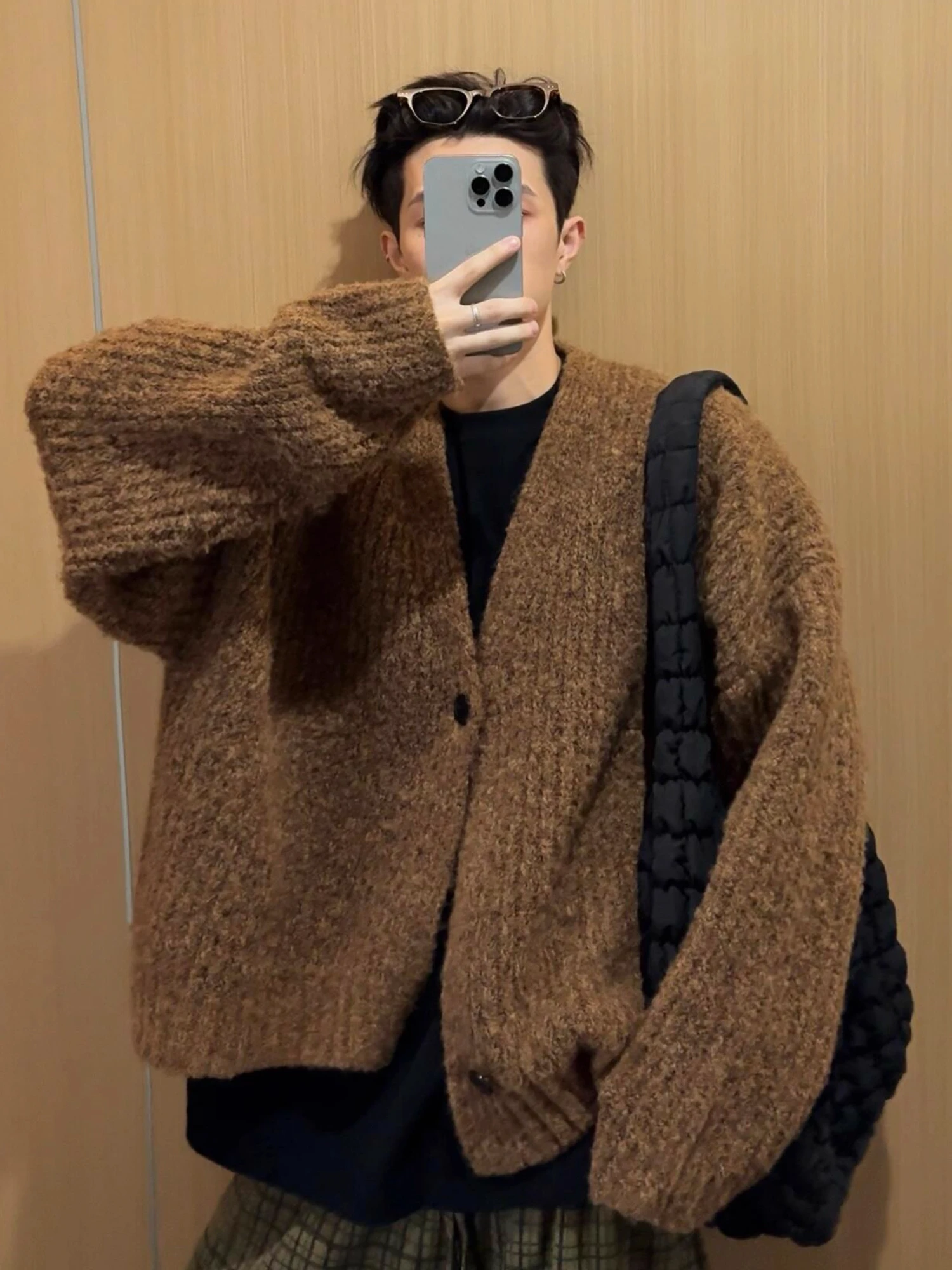 

Мужской свободный вязаный кардиган-свитер оверсайз в стиле ретро, 300 Pou, для осени