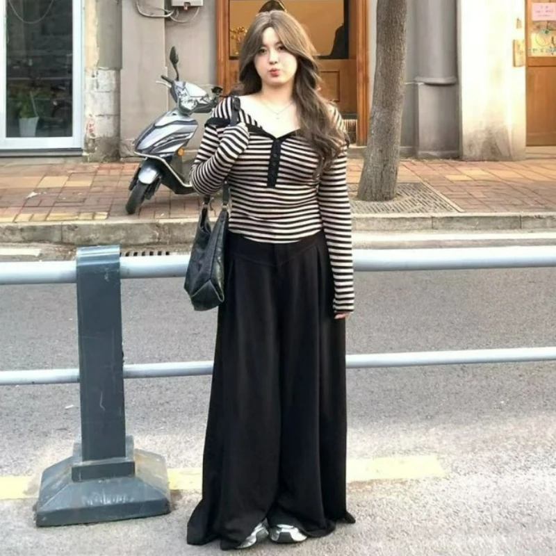 

2026 Autumn New Fashion Shoulder Versatile Slimming Striped T-shirt Inner Top Large-sized Long-sleeved Knitted T-shirt for Women