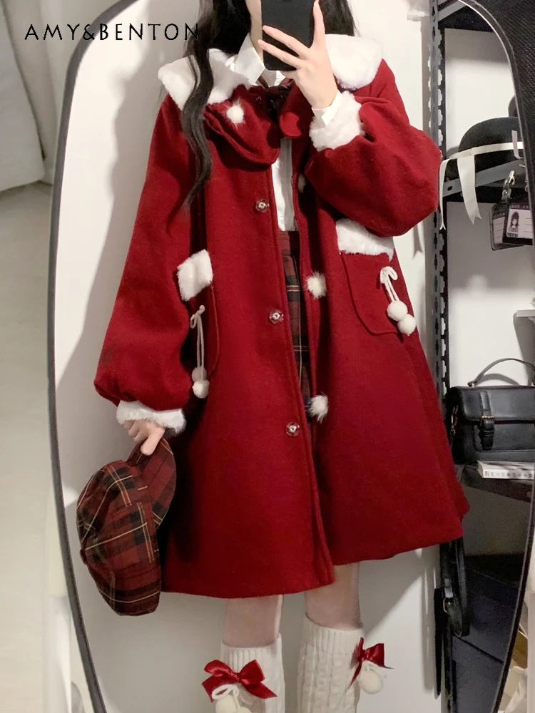 

2025 Autumn Winter New Hot Sale Year's Eve Women's Fleece-Lined Thickened Mid-Length Loose Casual Hooded Wool Coat