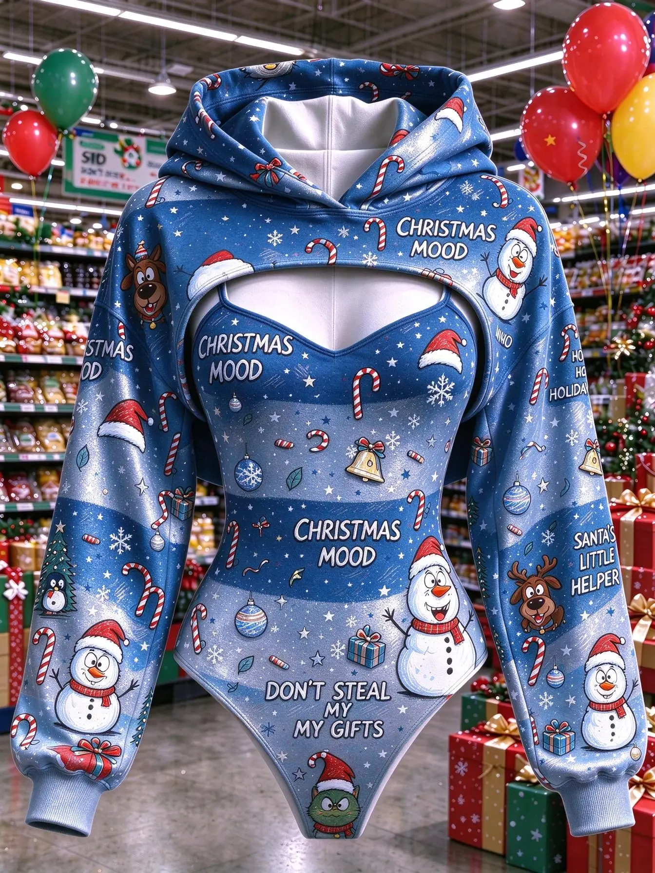 Women Christmas Snowman Print Double Hood Bodysuit Hollow Out Long Sleeve Hoodie