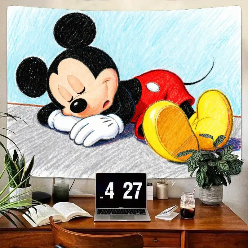 

1PC Cute Mickey Mouse Sleeping Tapestry Disney Cartoon Sketch Wall Art Modern Polyester Bedroom Living Room Dorm Decor Gift.