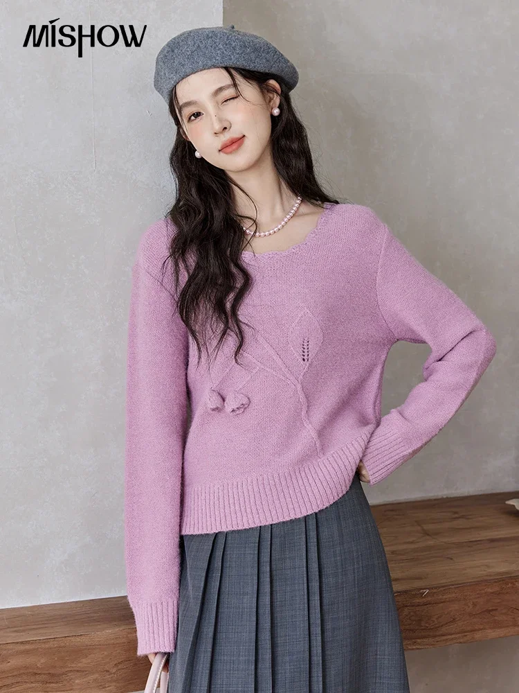 MISHOW Women's French Pink Knitted Sweater Cubic Flower Pullover Sweater 2024 Autumn Loose Soft Sweaters O Neck Top MXD44Z0835