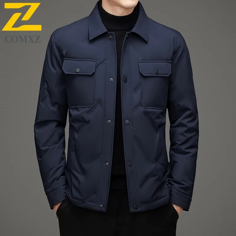 COMXZ Mens Down Jacket Turndown Collar Outdoor Work Warm Puffer Jackets Casual Single Row Button Travel Lightweight Winter Coat