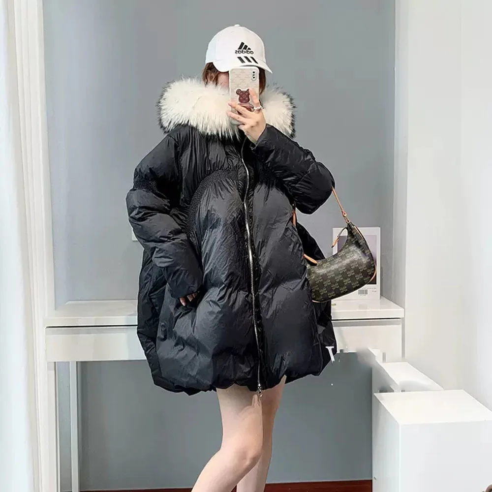 Winter Down Jackets Women Real Fox Fur Hooded Parkas Lady Puffer Coats Thicken Warm Bat Type Snow Outwear Female Loose Overcoats