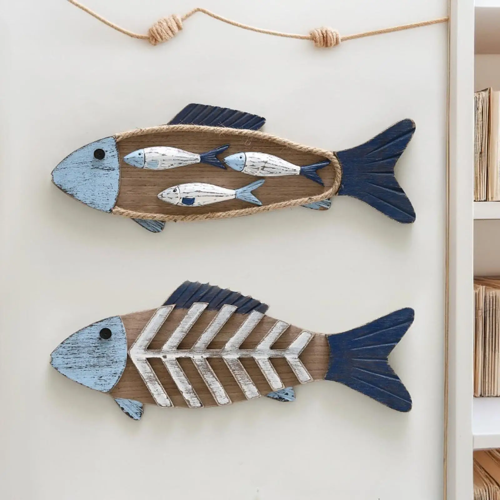 Wall Sculpture Hanging Wood Fish Wooden Fish Wall Art Decor for Ocean Theme Room Kids Room Bathroom Dining Room Farmhouse