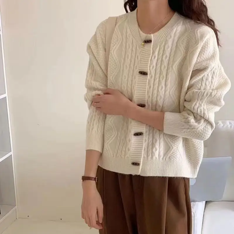 

Autumn Winter Loose Knitted Soft Cozy Women's Cardigan Retro Sle Small Size Button up Sweater Coat Long Sve round Ne