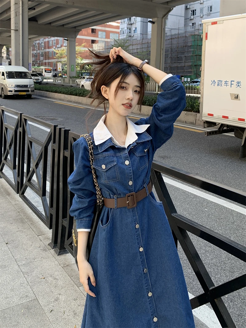 Lapel Fake Two-Piece Denim Dress Elegant Long Sleeve Single Breasted Women A-Line Maxi Dress Spring Fashion Office Lady Vestido